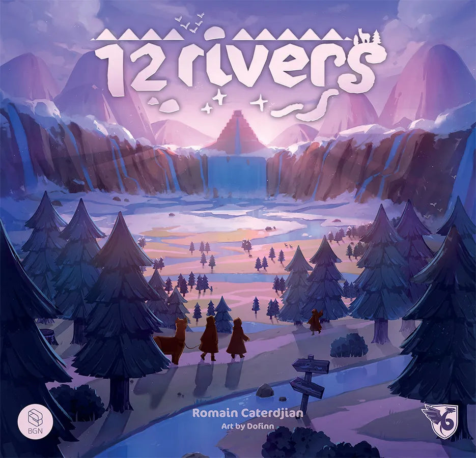 Board game cover titled '12 Rivers' with a winter landscape, mountains, and people walking.