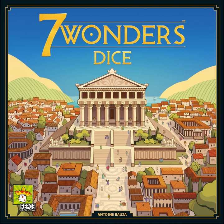 Board game box for '7 Wonders Dice' with a temple and cityscape illustration.