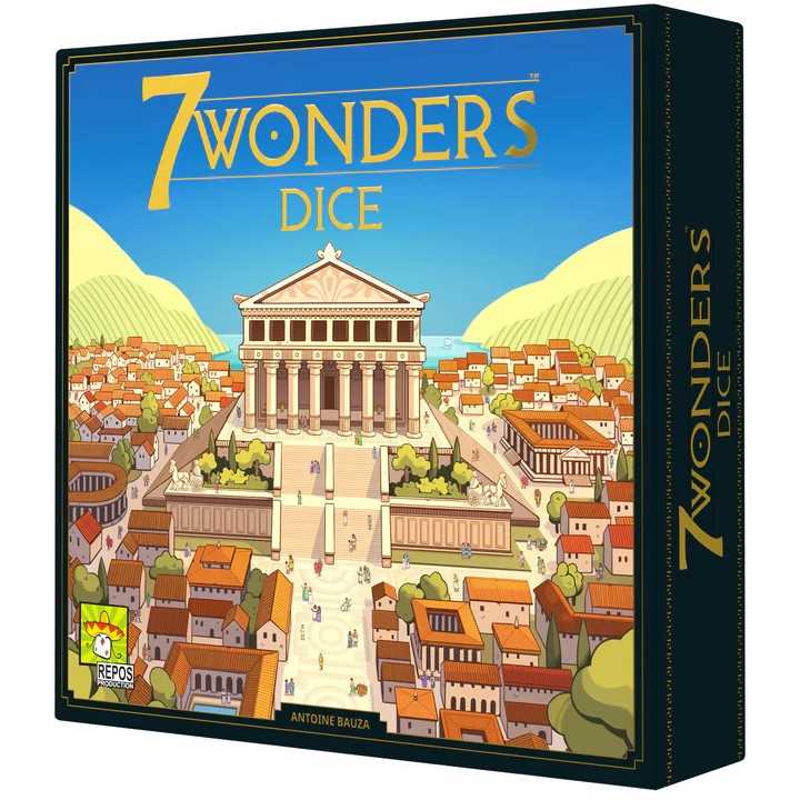 Board game box for '7 Wonders Dice' with a colorful illustration of a cityscape and temple.