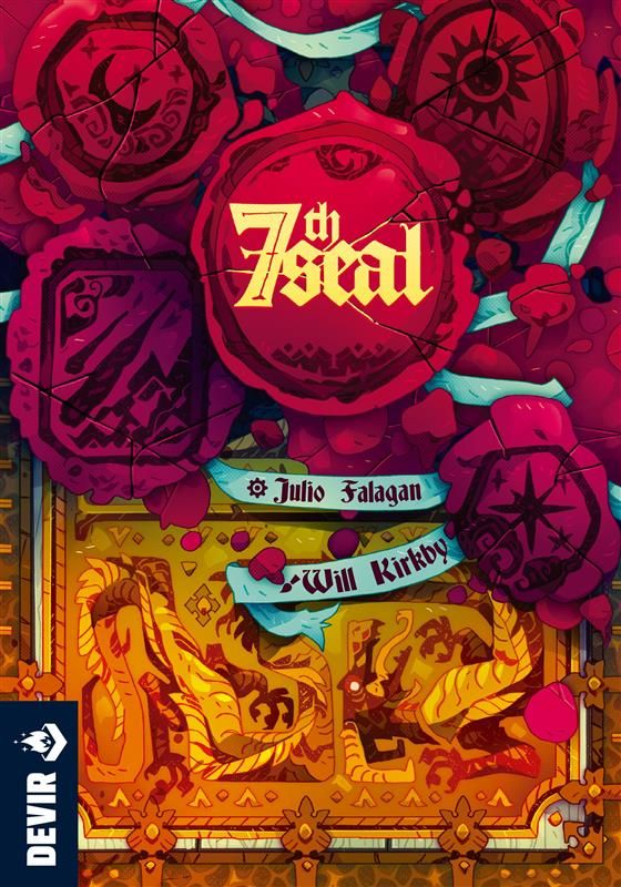 Illustrated book cover for '7th Seal' by Julio Falagan and Will Kirkbride, featuring a dark fantasy design with red roses, ornate gold and orange illustrations, and a dark navy vertical banner with the DEVIR logo.