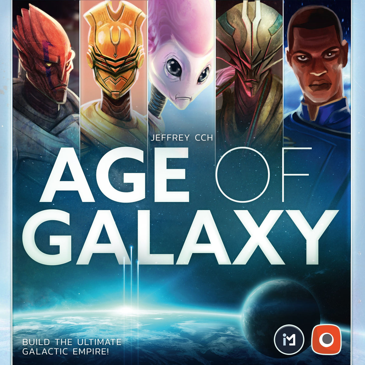 Board game cover for 'Age of Galaxy' by Jeffrey CCH, featuring six space-themed character portraits at the top and a blue cosmic space scene with a planet at the bottom.