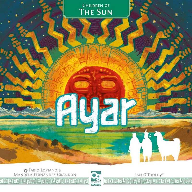 Board game box for 'Children of the Sun: Ayar' with a colorful design featuring a sun and mountains.