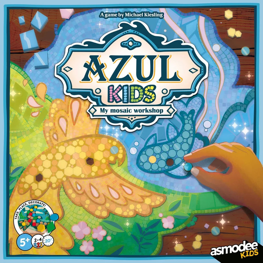 Front cover of the board game Azul Kids: My mosaic workshop, showing a colorful illustrated scene with a blue mosaic fish, a yellow mosaic bird, and a human hand placing a tile. Visible brand text includes Asmodee Kids.