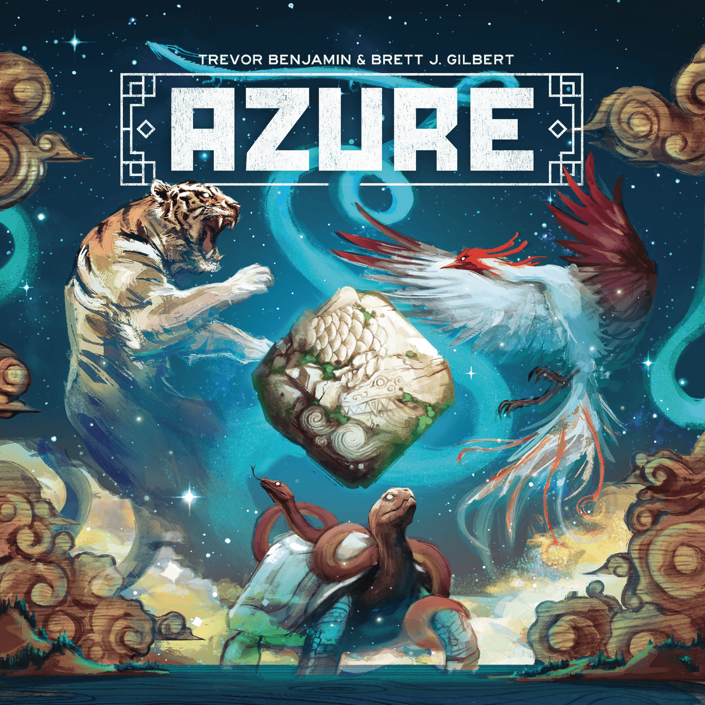 Cover of 'Azure' featuring a tiger, dragon, and turtle with a cosmic background.