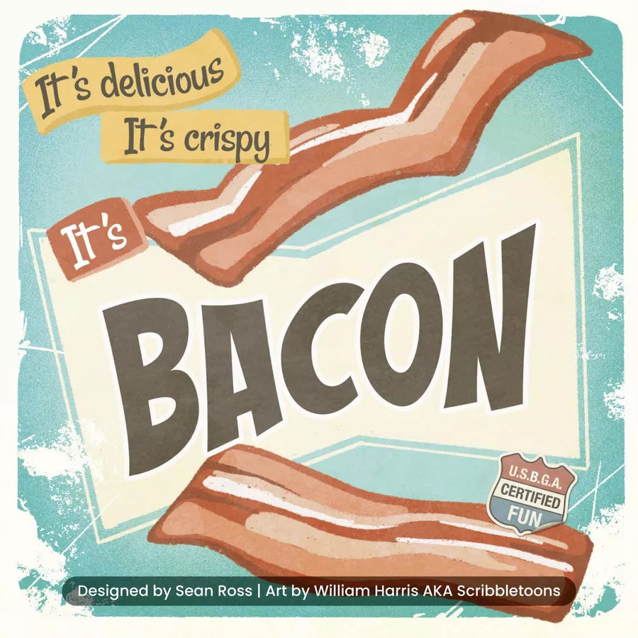 Illustration of bacon with text on a blue background