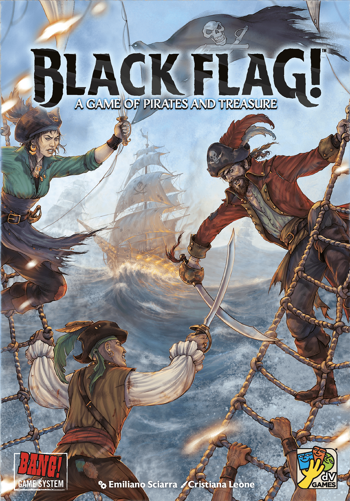 Front cover of the board game Black Flag! A Game of Pirates and Treasure, featuring illustrated pirate characters on a ship's rigging with a sailing ship and sea in the background.