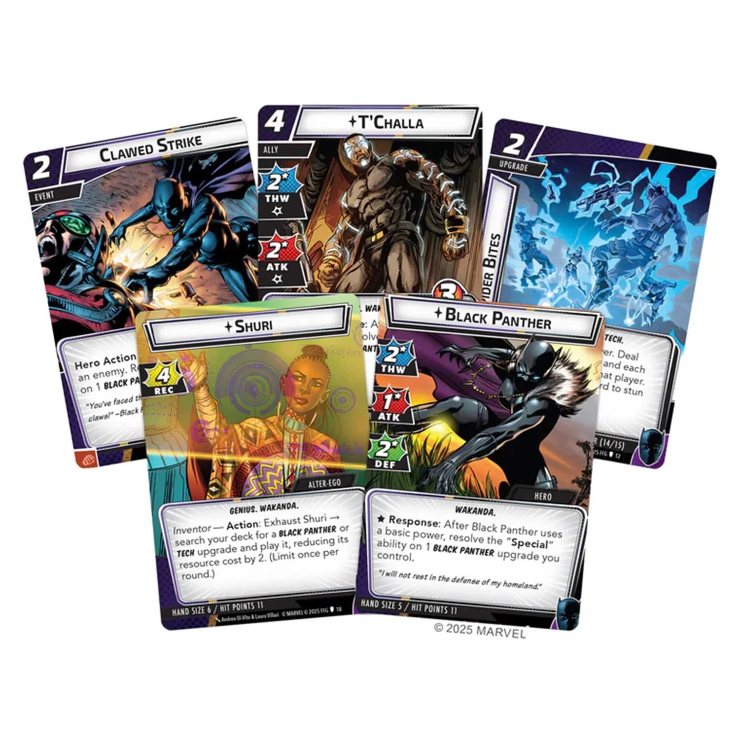 Collection of Marvel-themed trading cards featuring characters like Black Panther and Shuri on a white background.