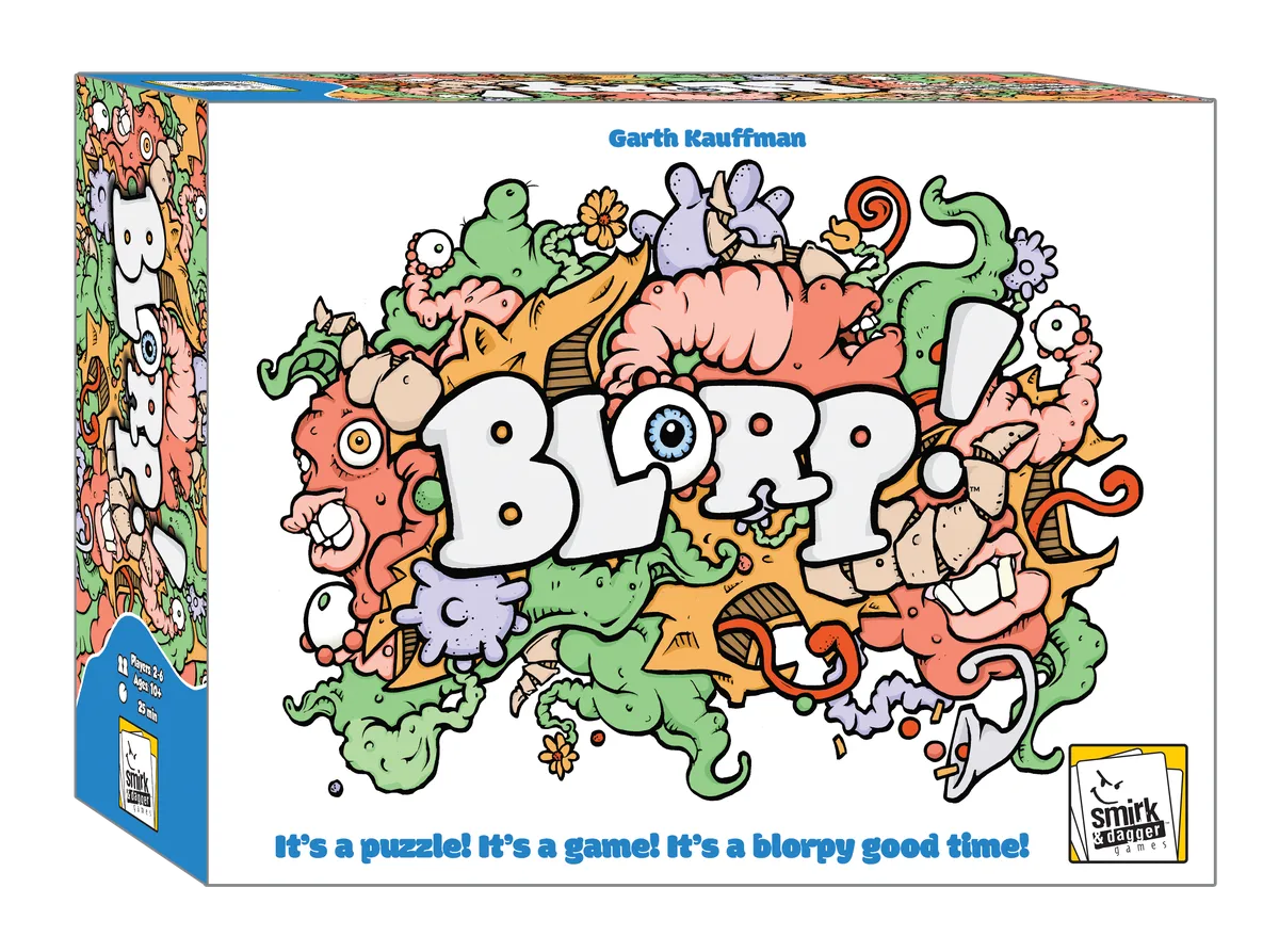The board game box for 'Blop!' by Garth Kauffman, featuring a colorful, cluttered cartoon monster illustration with the title 'BLOP!' in large white letters. The box is shown at a three-quarter angle on a clean white background, with the Smick Games logo in the bottom right corner.