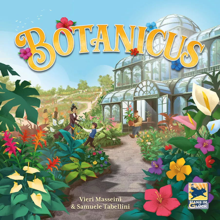 Board game cover of 'Botanicus' with a garden scene and greenhouse.