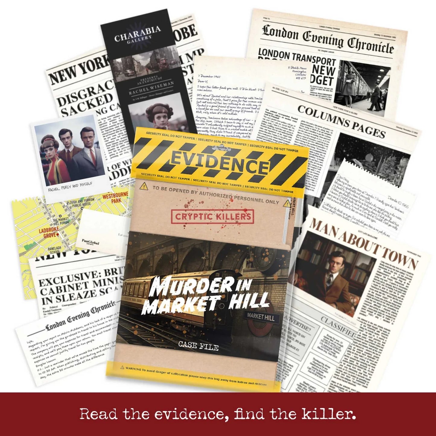 Collection of newspaper clippings and a book titled 'Murder in Market Hill' with a 'Cryptic Killers' theme.