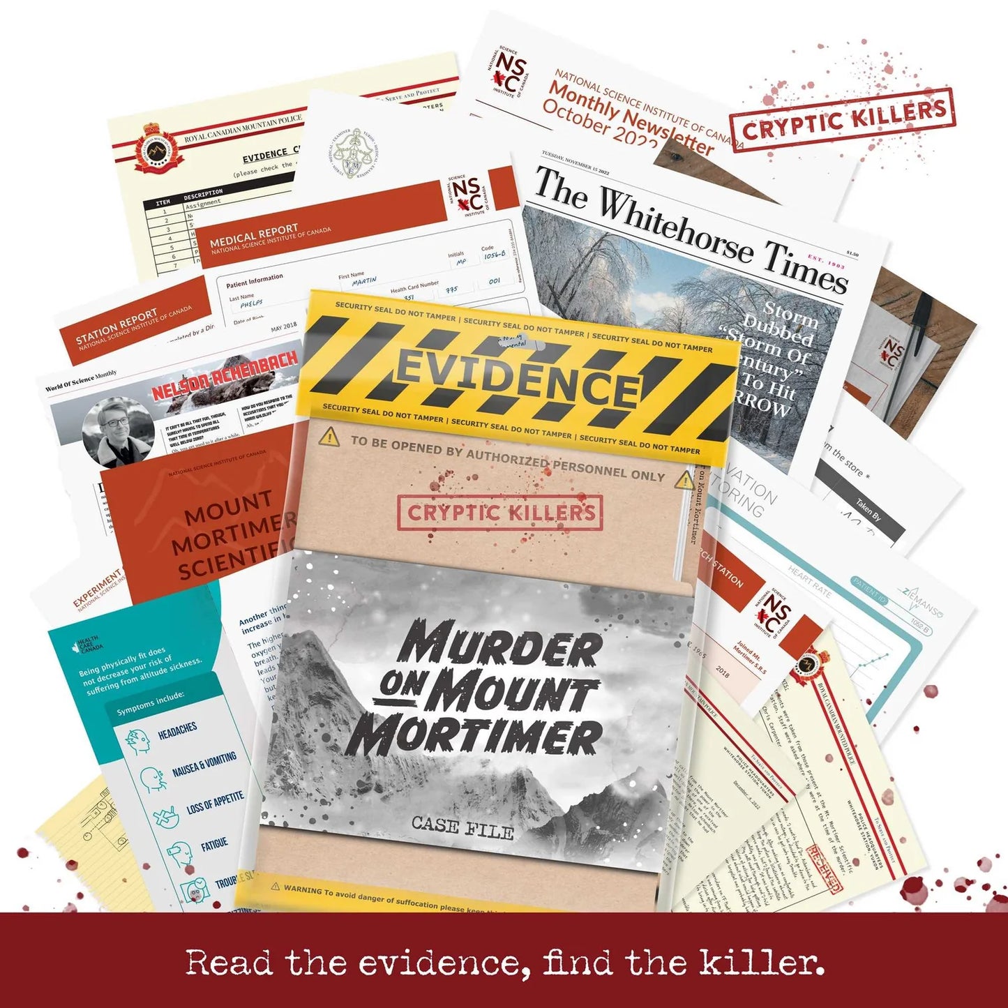 Collection of mystery game materials including 'Evidence' sign, 'Murder on Mount Mortimer' case file, and various documents with a red and white color scheme.