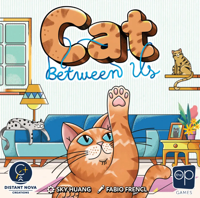Board game cover titled 'Cat Between Us' with a cat illustration and cozy room background.