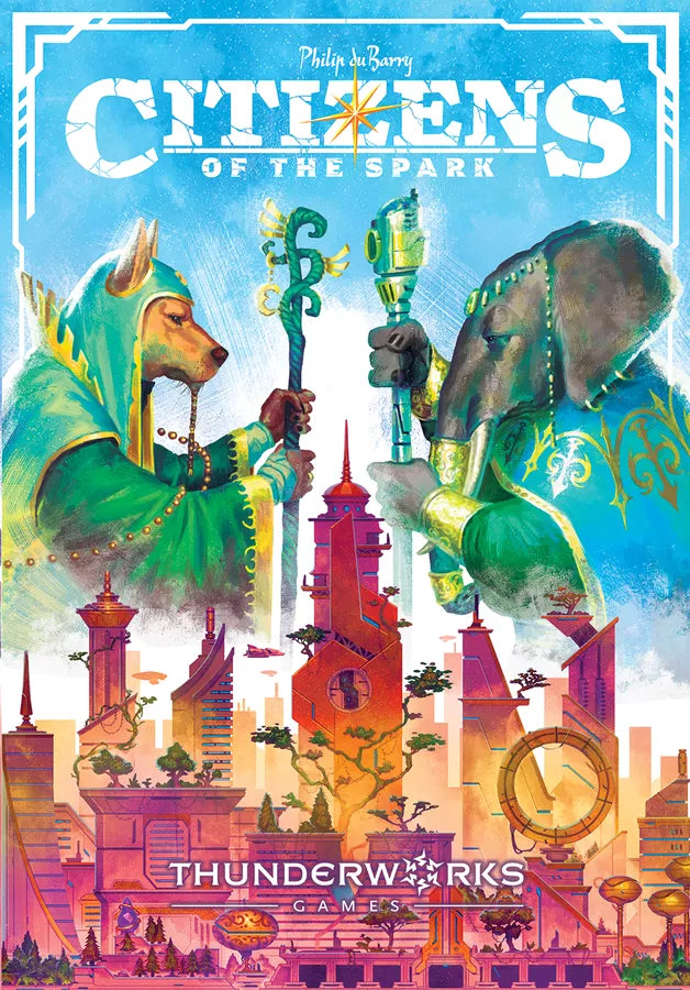 Cover of 'Citizens of the Spark' by Thunderworks Games with colorful dragons and cityscape.