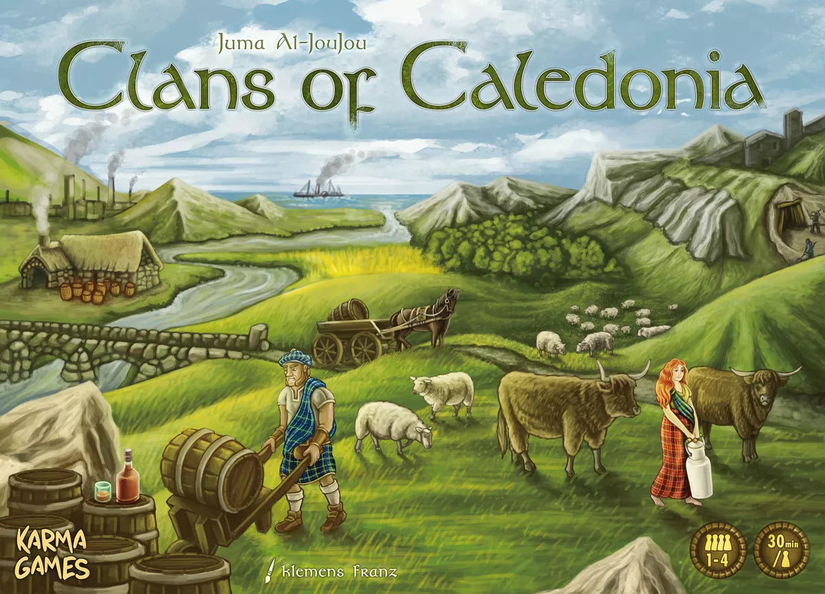 Board game box for 'Clans of Caledonia' with a scenic landscape illustration.