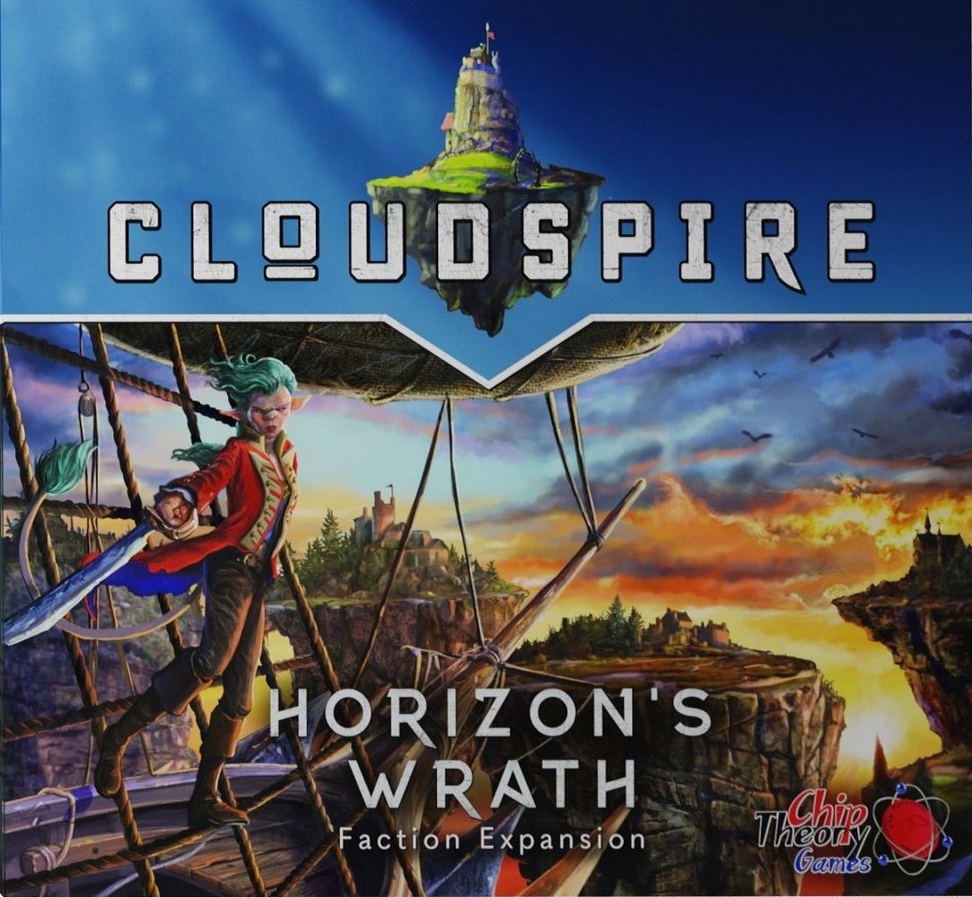 Front cover art for the board game expansion Cloudspire: Horizon's Wrath, featuring a fantasy pirate character on a ship against a dramatic sunset seascape and a floating island with a tower under a blue sky.