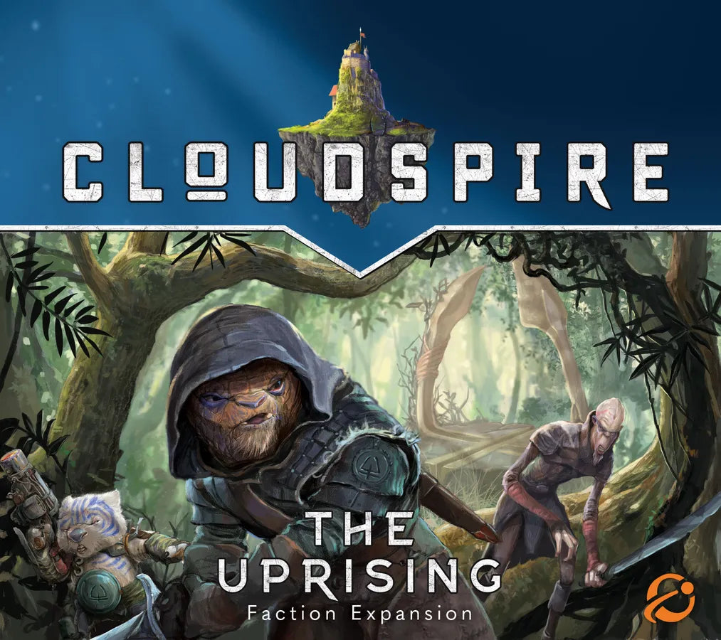 Box art cover for Cloudspire: The Uprising Faction Expansion, featuring fantasy illustrated artwork of a hooded warrior in armor in a forest, with the Cloudspire title at the top and the expansion title at the bottom.