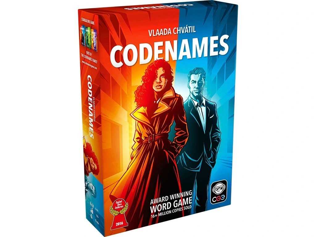 Codenames game box with two characters on a white background