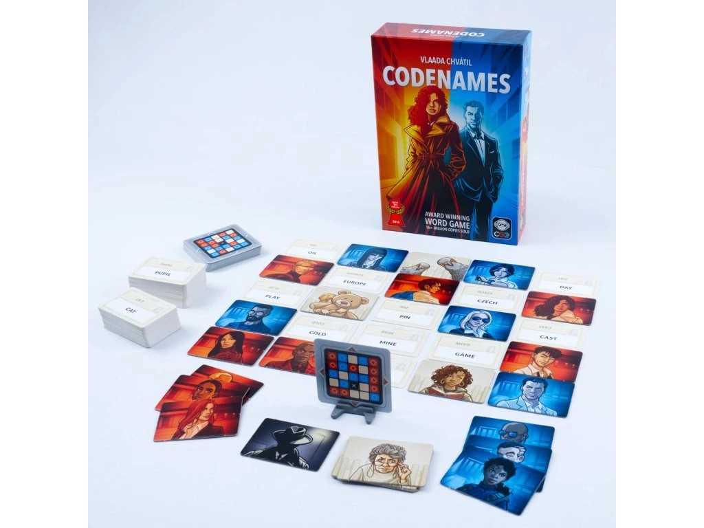 Codenames game set with cards and box on a white background