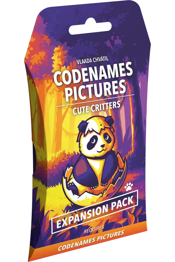 Codenames Pictures Cute Critters expansion pack packaging with a colorful design and panda illustration.