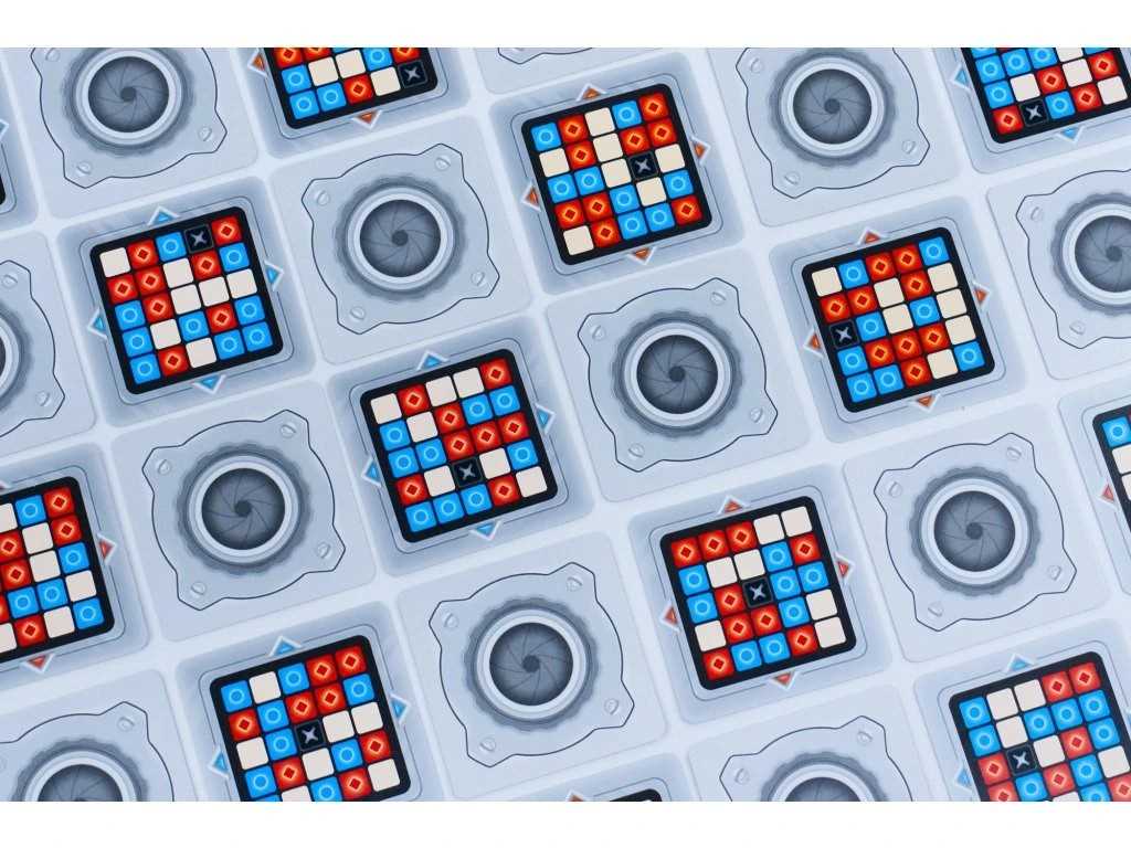 Pattern of colored square blocks on a grid with gray circular elements