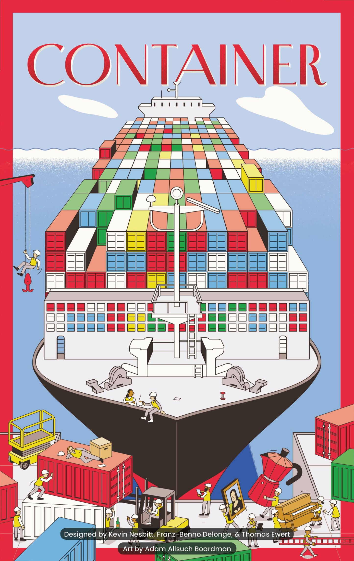 Colorful illustration of a container ship with various containers on a red background