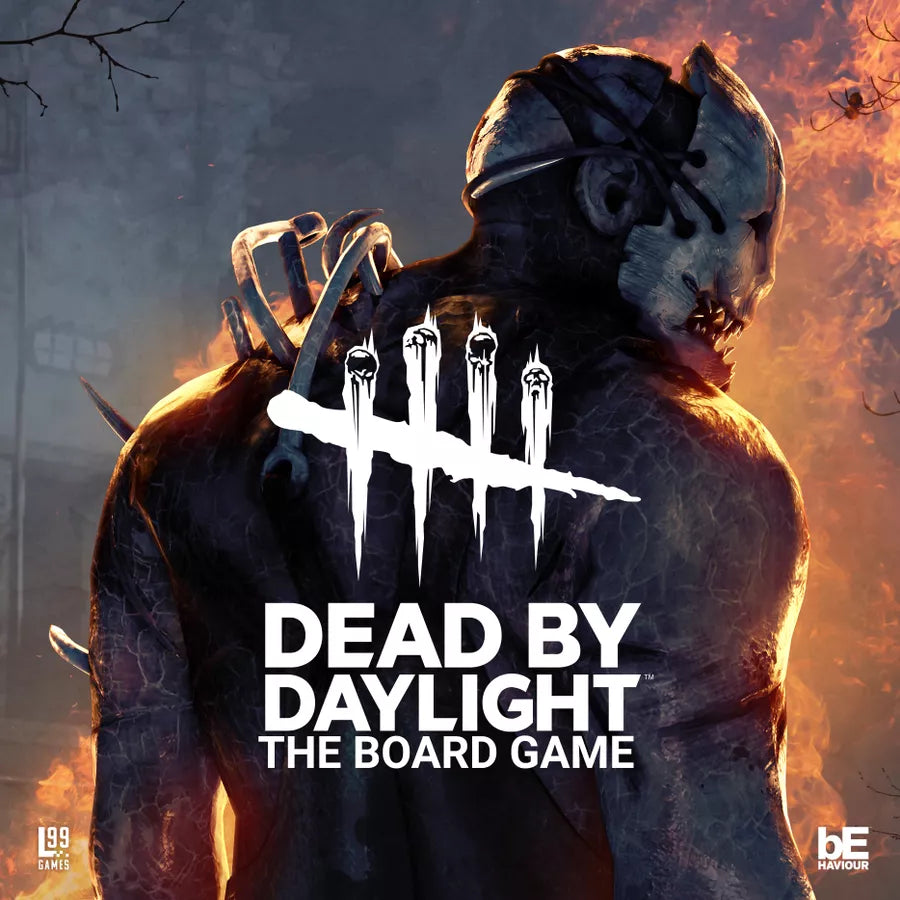 Dead by Daylight board game cover with a character in a mask and gauntlets against a fiery background.