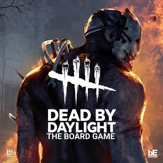 Dead by Daylight board game cover with a character in a mask and gauntlets against a fiery background.