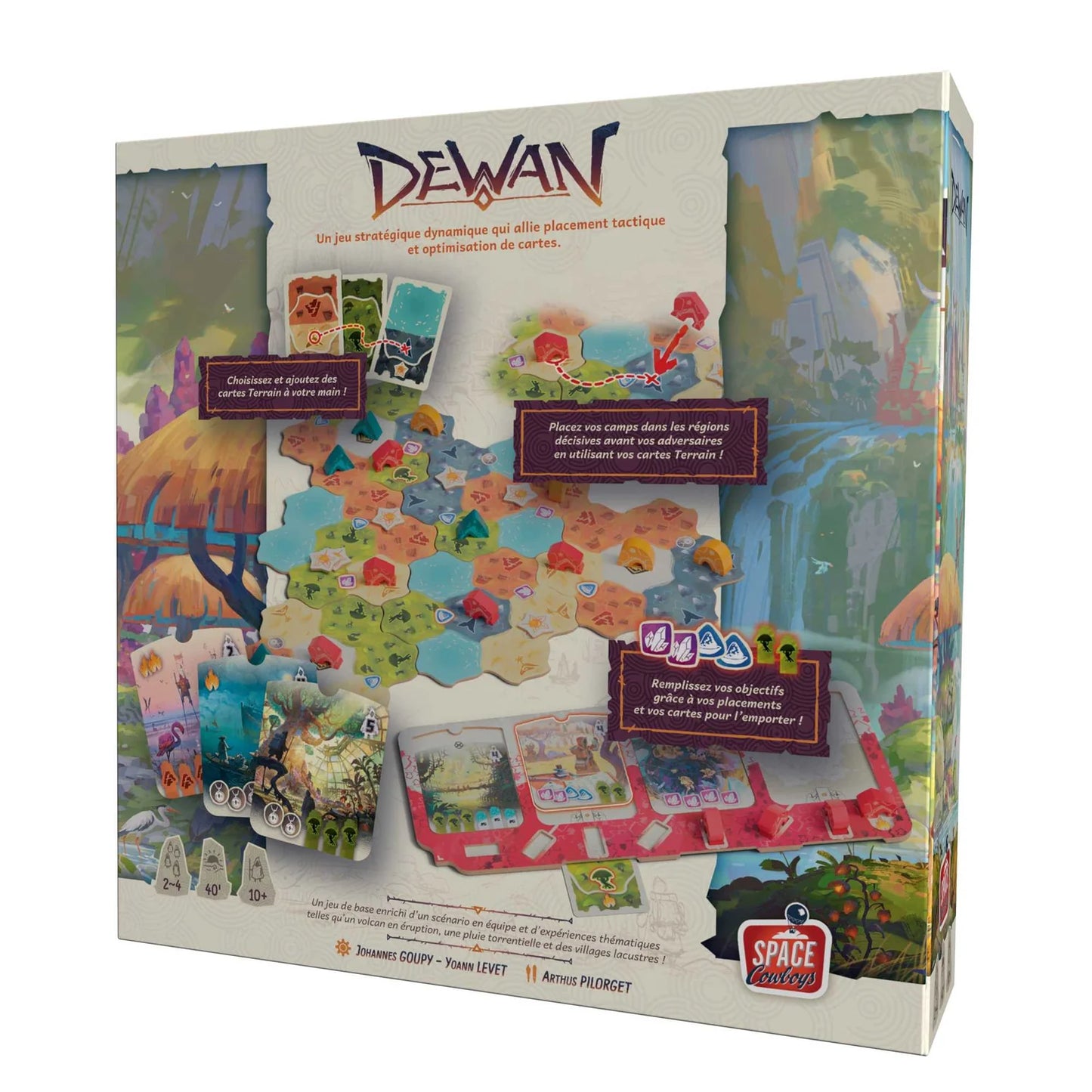 Board game box with colorful graphics and text, featuring the brand 'Dewan'.