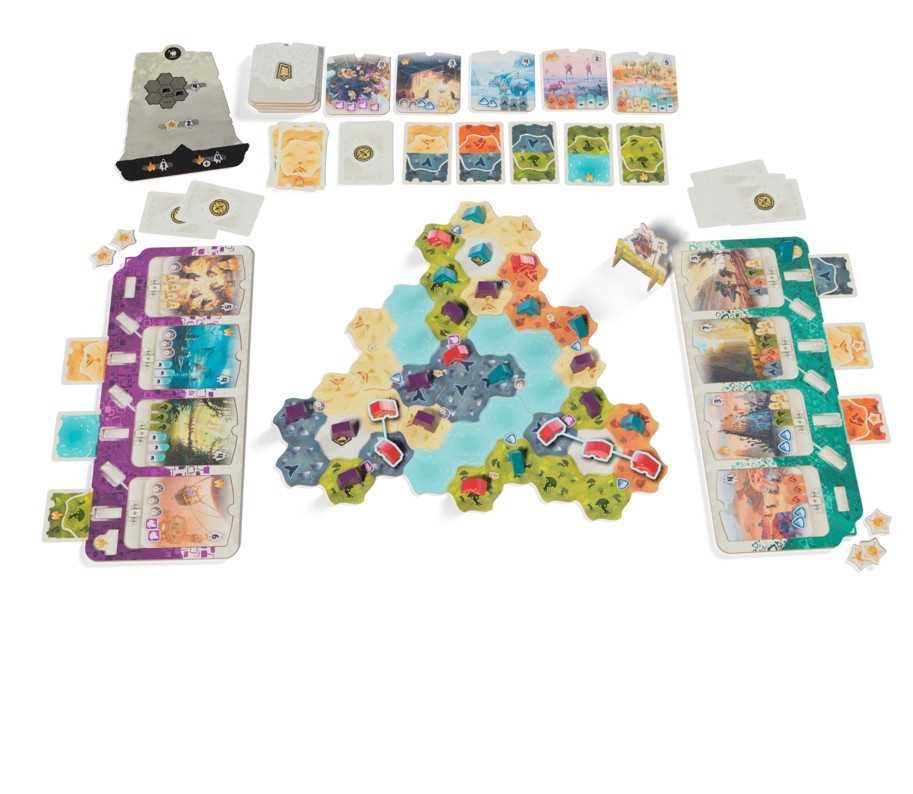 Board game components including cards and a map on a white background