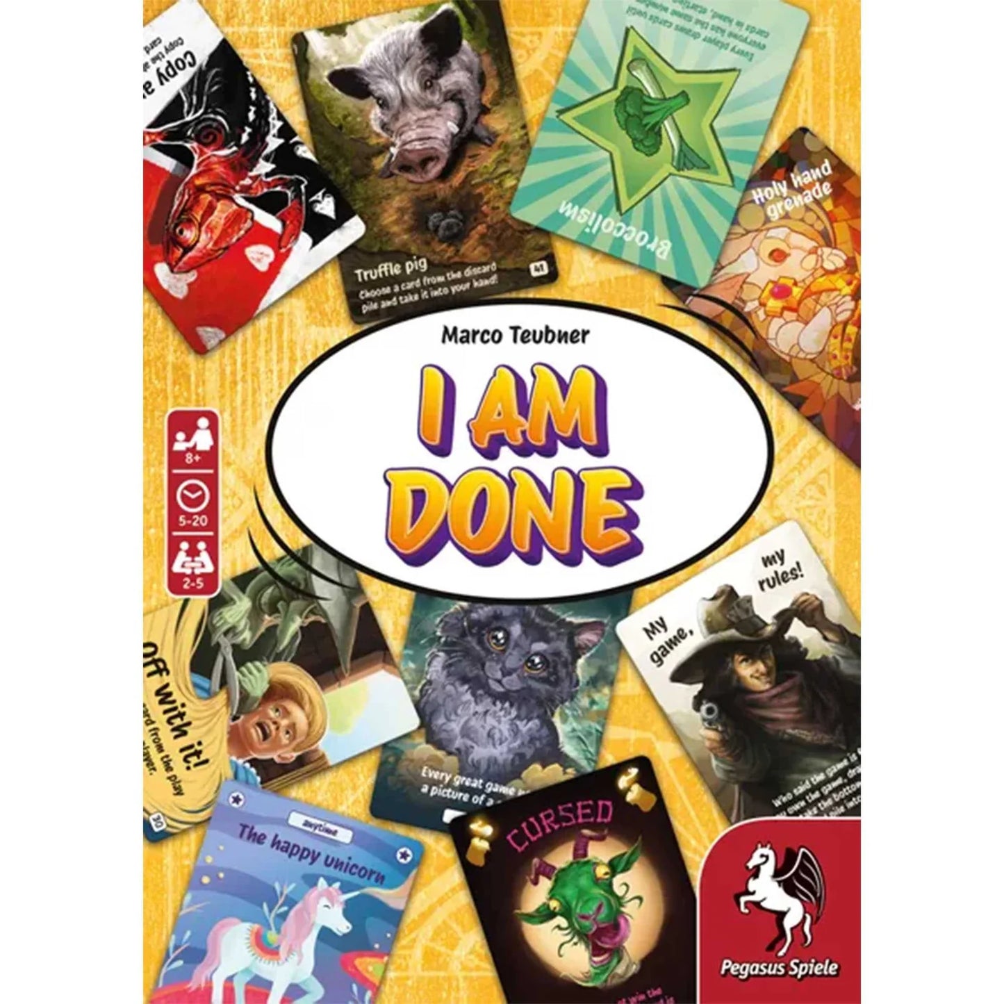 Board game box for 'I Am Done' with colorful cards featuring various illustrations on a yellow background.