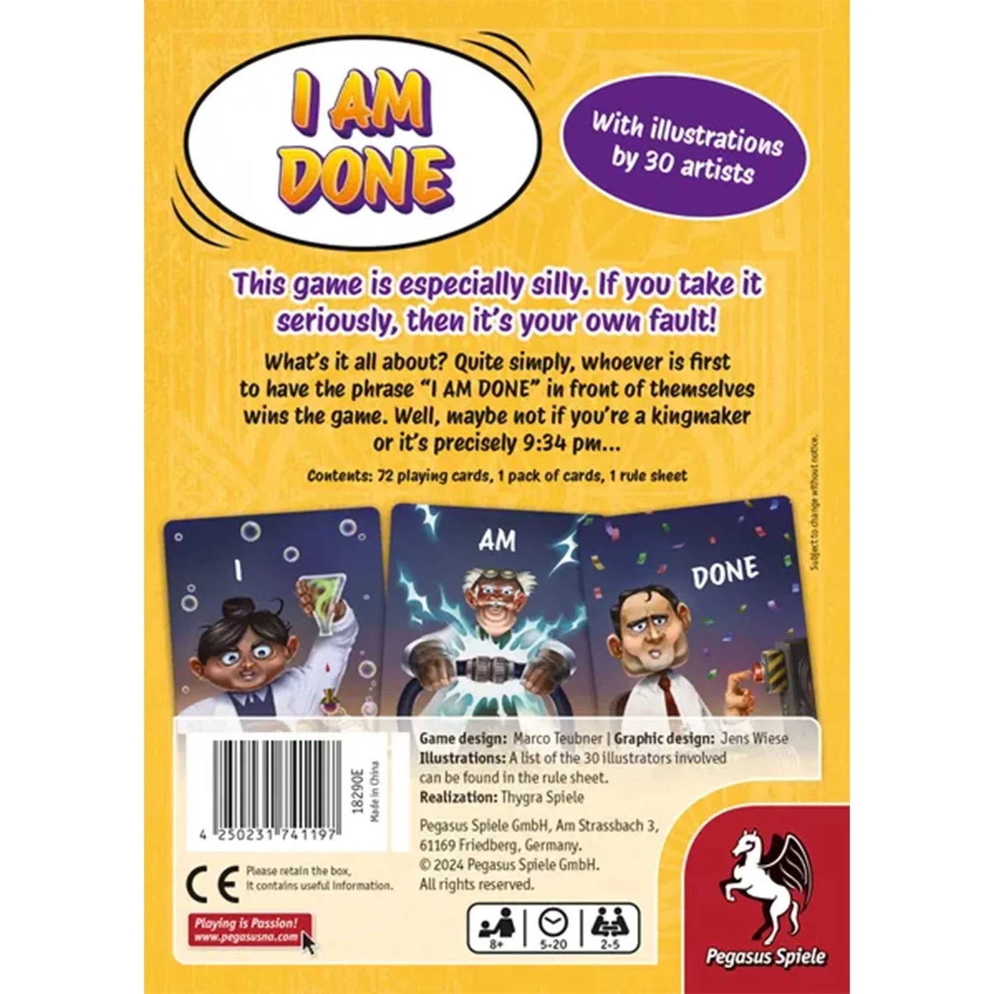 Back of a board game packaging with text and illustrations, featuring the phrase 'I AM DONE'.