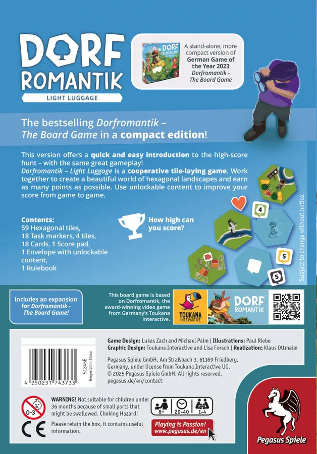 Back cover of Dorf Romantik board game packaging with text and graphics.