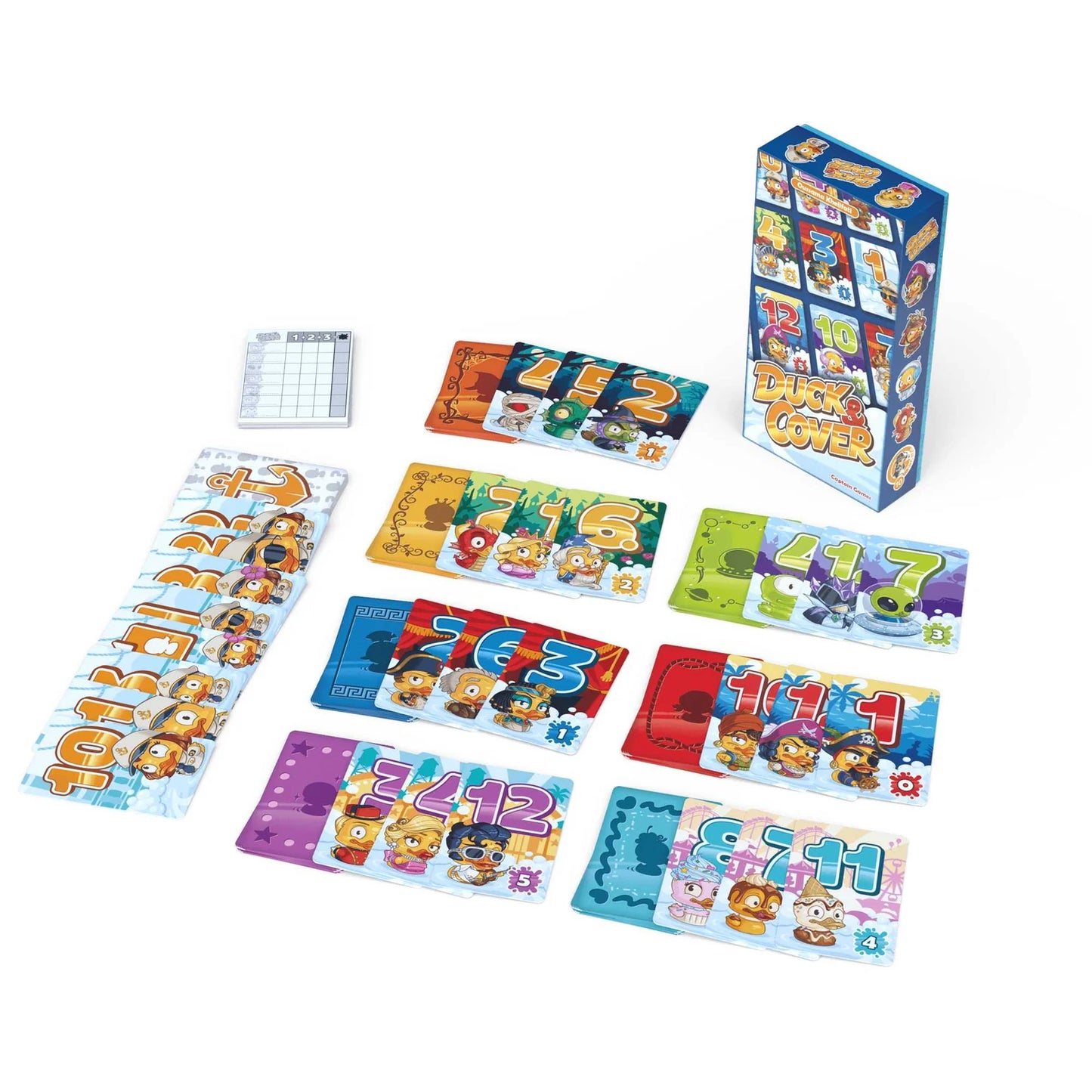 Children's game set with cards and a box on a white background