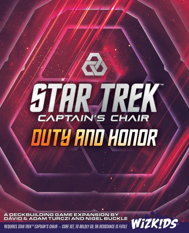 Front cover of the Star Trek Captain's Chair: Duty and Honor deckbuilding game expansion by WizKids, featuring a futuristic red, purple, and black geometric design with large white and orange title text.