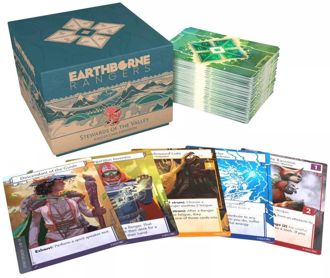 Earthborne Rangers card game box and cards on a white background