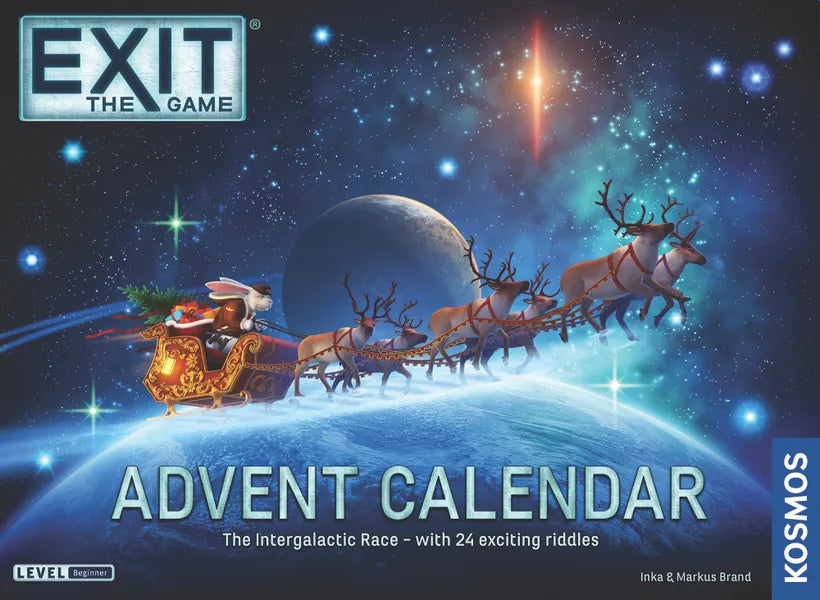 EXIT: The Game Advent Calendar packaging with Santa Claus in a sleigh and reindeer against a space-themed background.