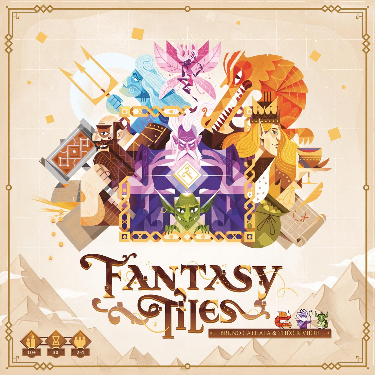 Fantasy Tiles board game box cover art featuring a central purple treasure chest with a green goblin face, surrounded by colorful fantasy illustrations including a dragon, trident, wolf, and scroll, with the title 'FANTASY TILES' below on a beige background.