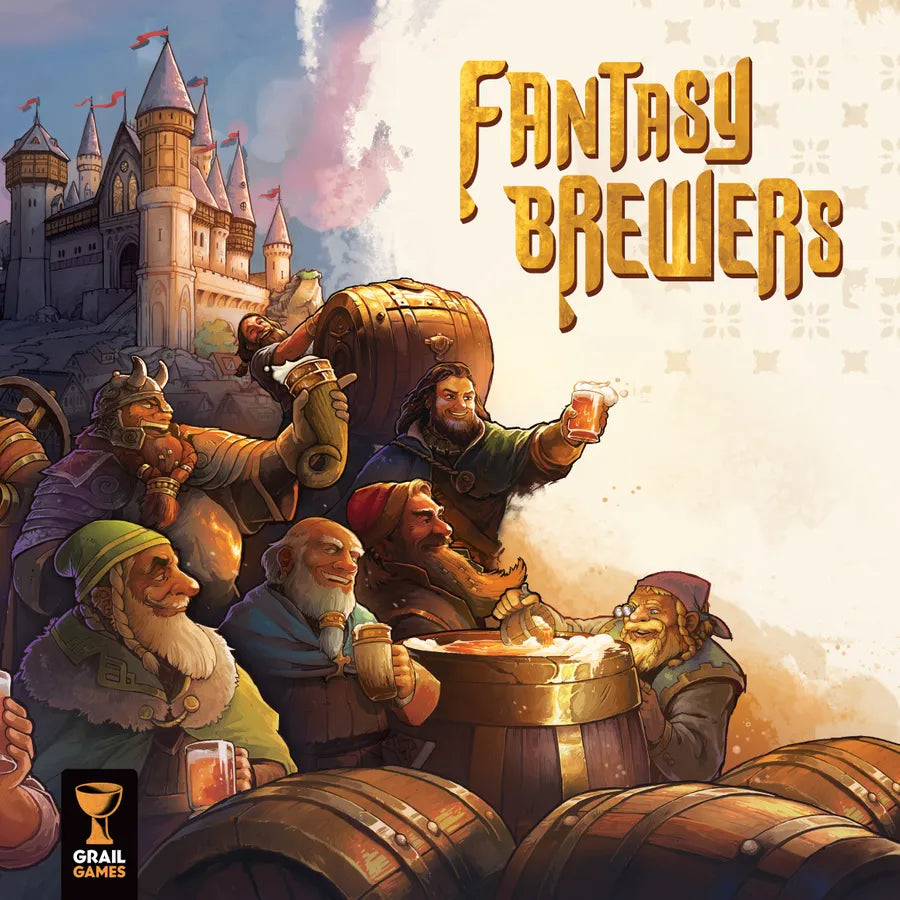 Cover of 'Fantasy Brewers' board game with dwarves around a barrel and castle in the background.