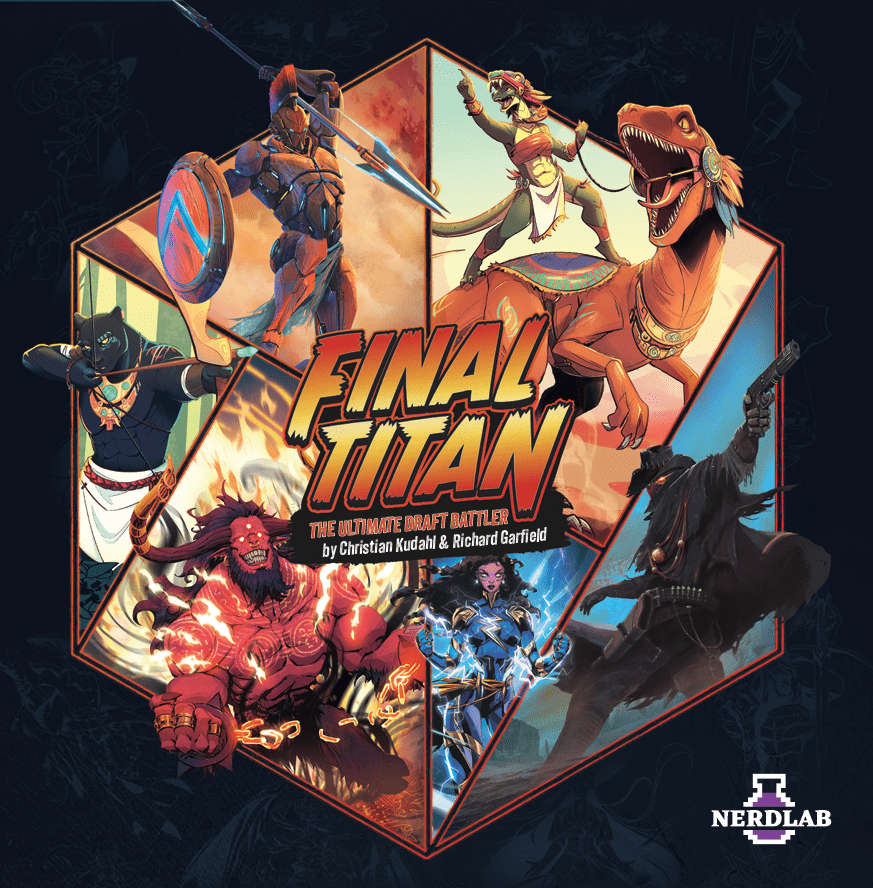 Promotional artwork for the board game Final Titan: The Ultimate Mutant Battle, featuring illustrated fantasy characters arranged inside a geometric frame with the game title in large metallic letters. A NERDLAB logo appears in the bottom right corner.