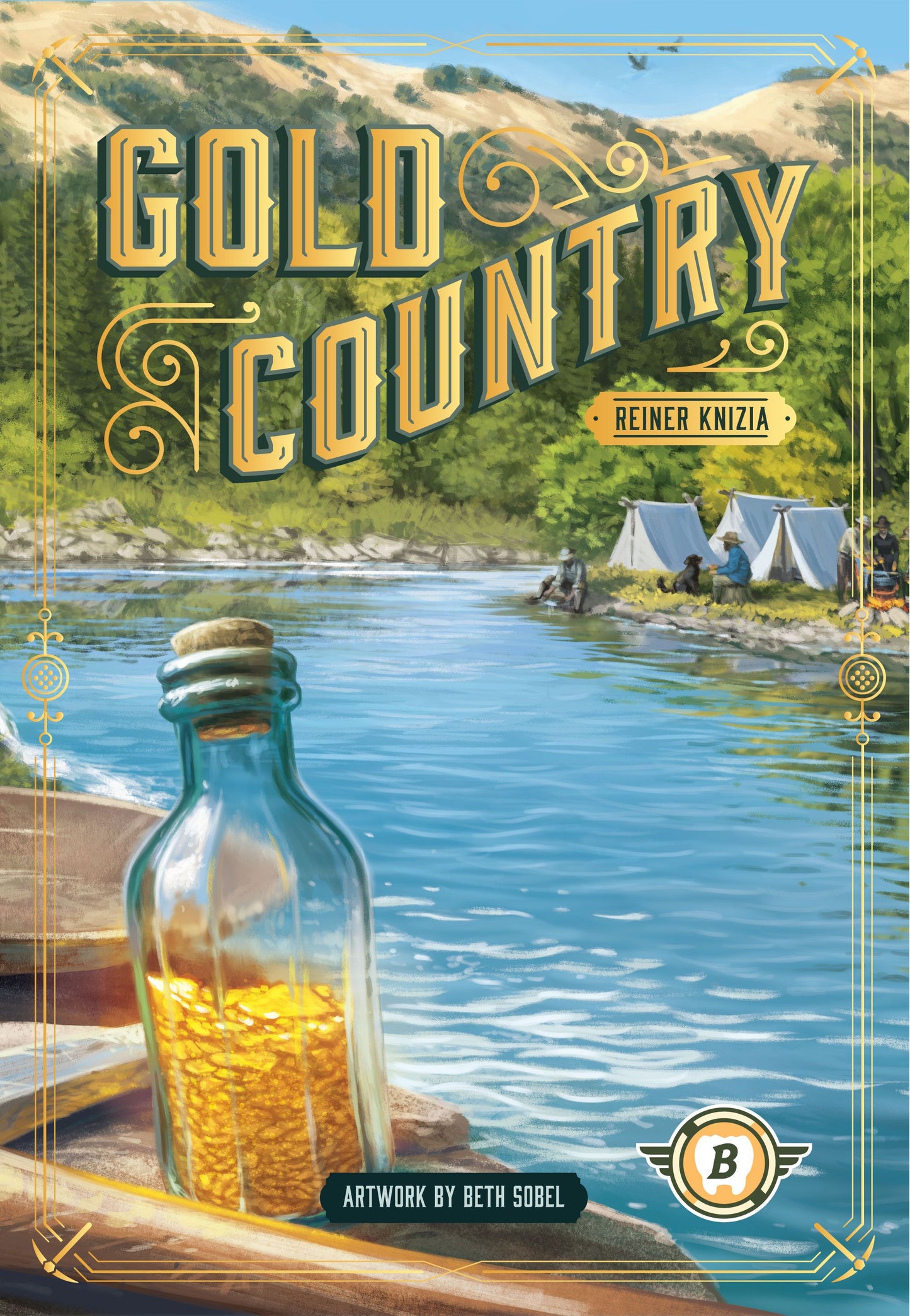 Board game box for 'Gold Country' with a scenic lakeside view and bottle of gold.