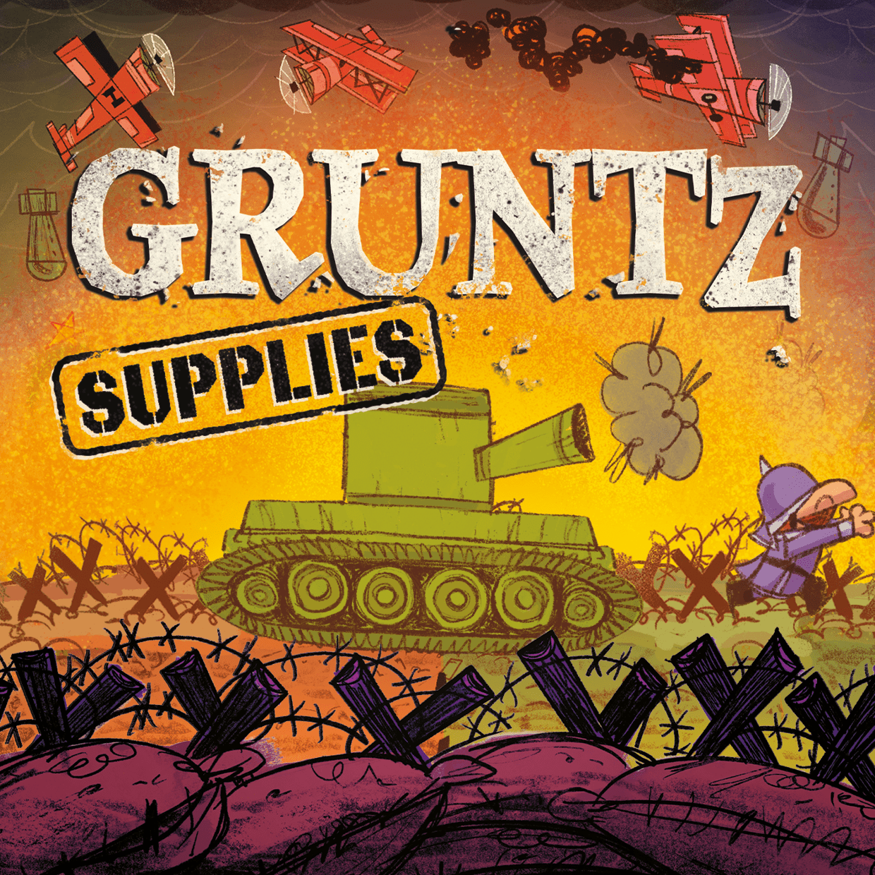 Cover of 'Gruntz Supplies' with a tank, airplane, and other elements on an orange background