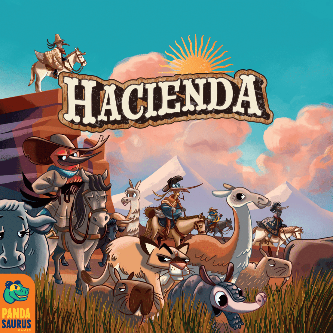 Board game cover titled 'Hacienda' with cartoon animals and a cowboy on a horse against a blue sky.