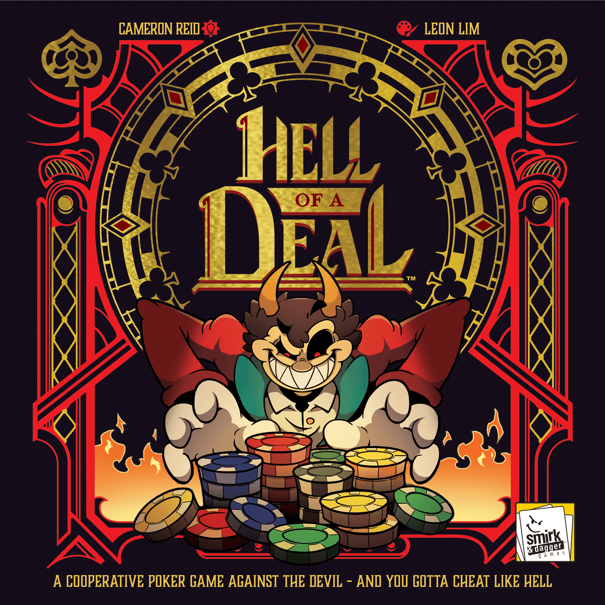 Cover of 'Hell of a Deal' board game with devil character and poker chips.