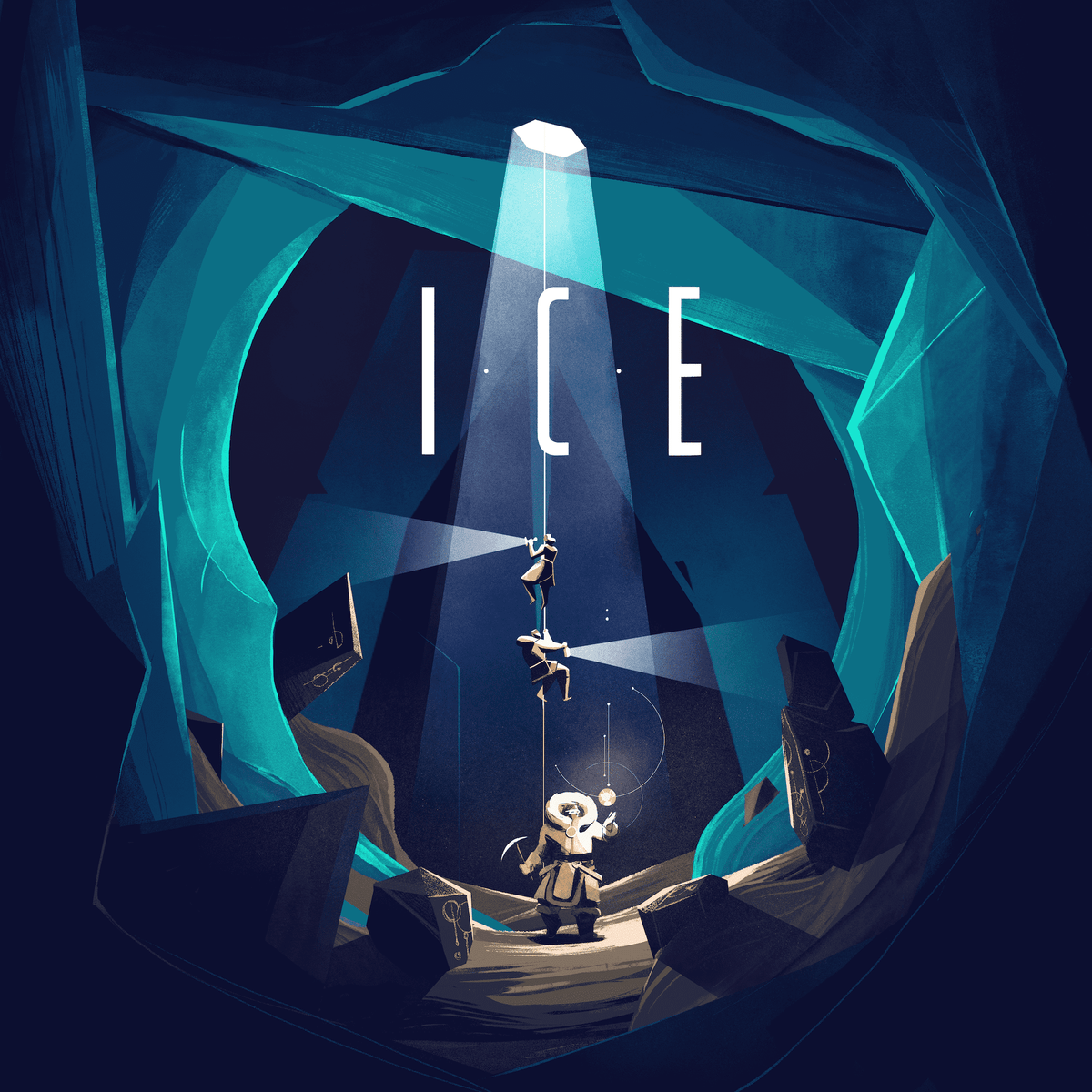 Digital art print featuring a stylized character in a dark, icy cave with a spotlight shining down from the top. The word 'ICE' is written in large white letters across the center.