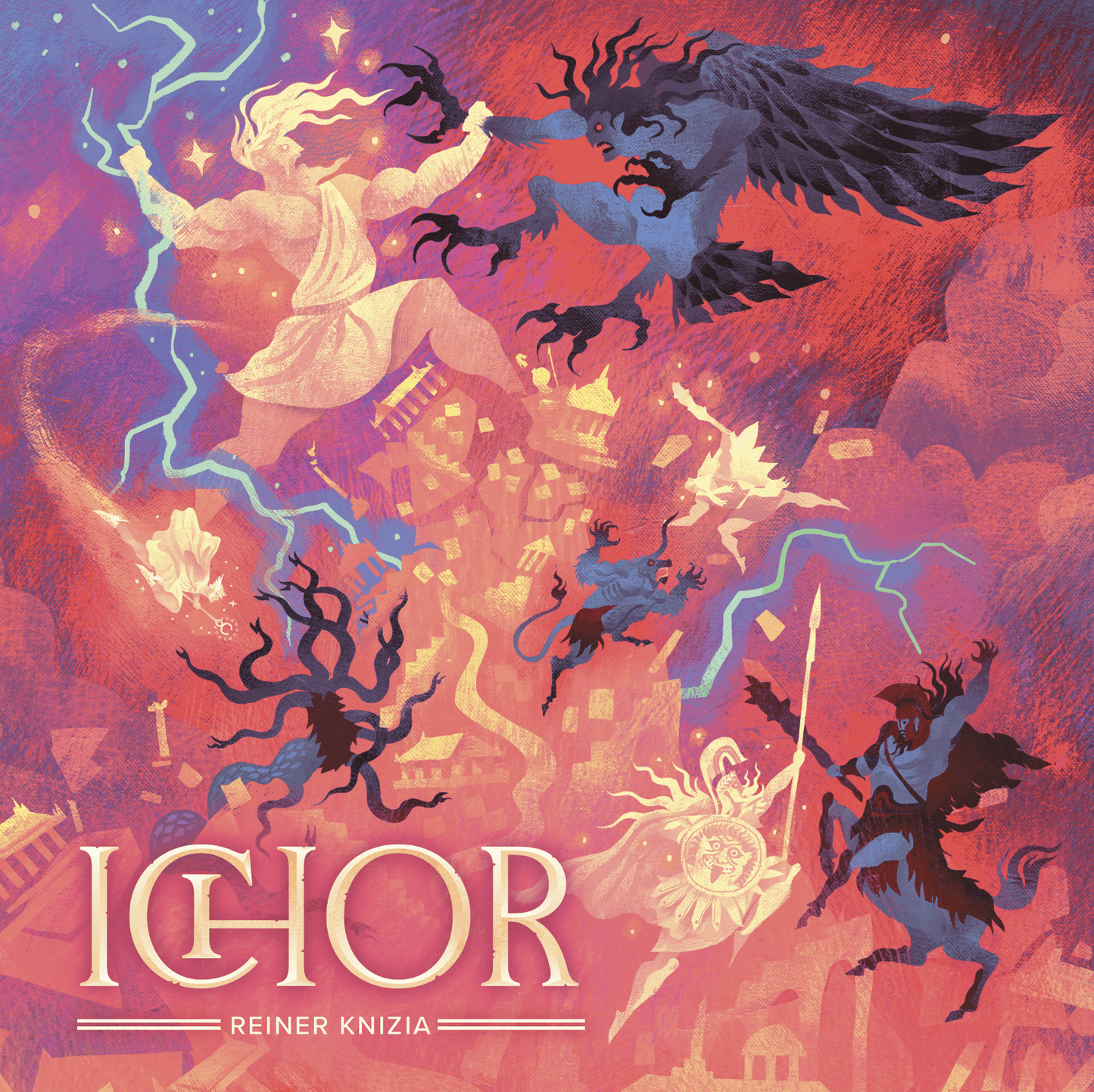 Cover of 'Ichor' board game by Reiner Knizia with fantasy characters and cityscape.