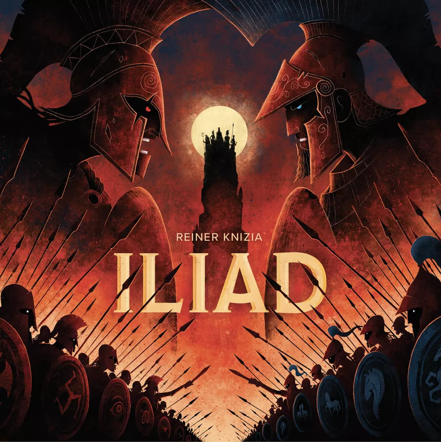 Cover of 'Iliad' board game with warriors and a sunset background