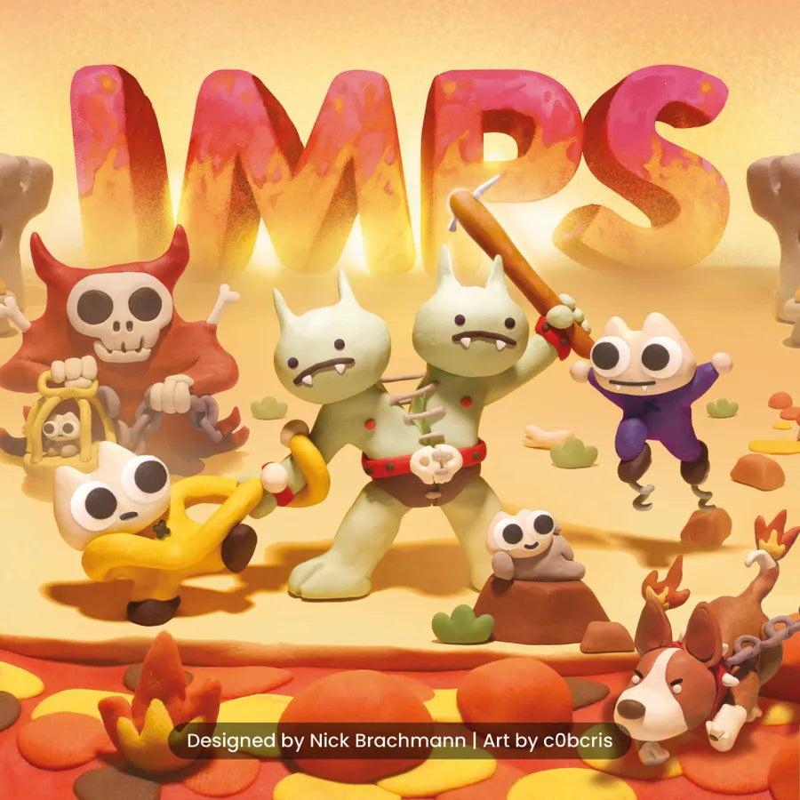 A colorful illustrated scene with cartoon creatures and large stylized letters spelling IMPS on a warm yellow-orange background. The artwork appears to be the product itself rather than a photo of a physical object in a real environment, so this fits Scenery rather than Lifestyle or Product/Packaging.
