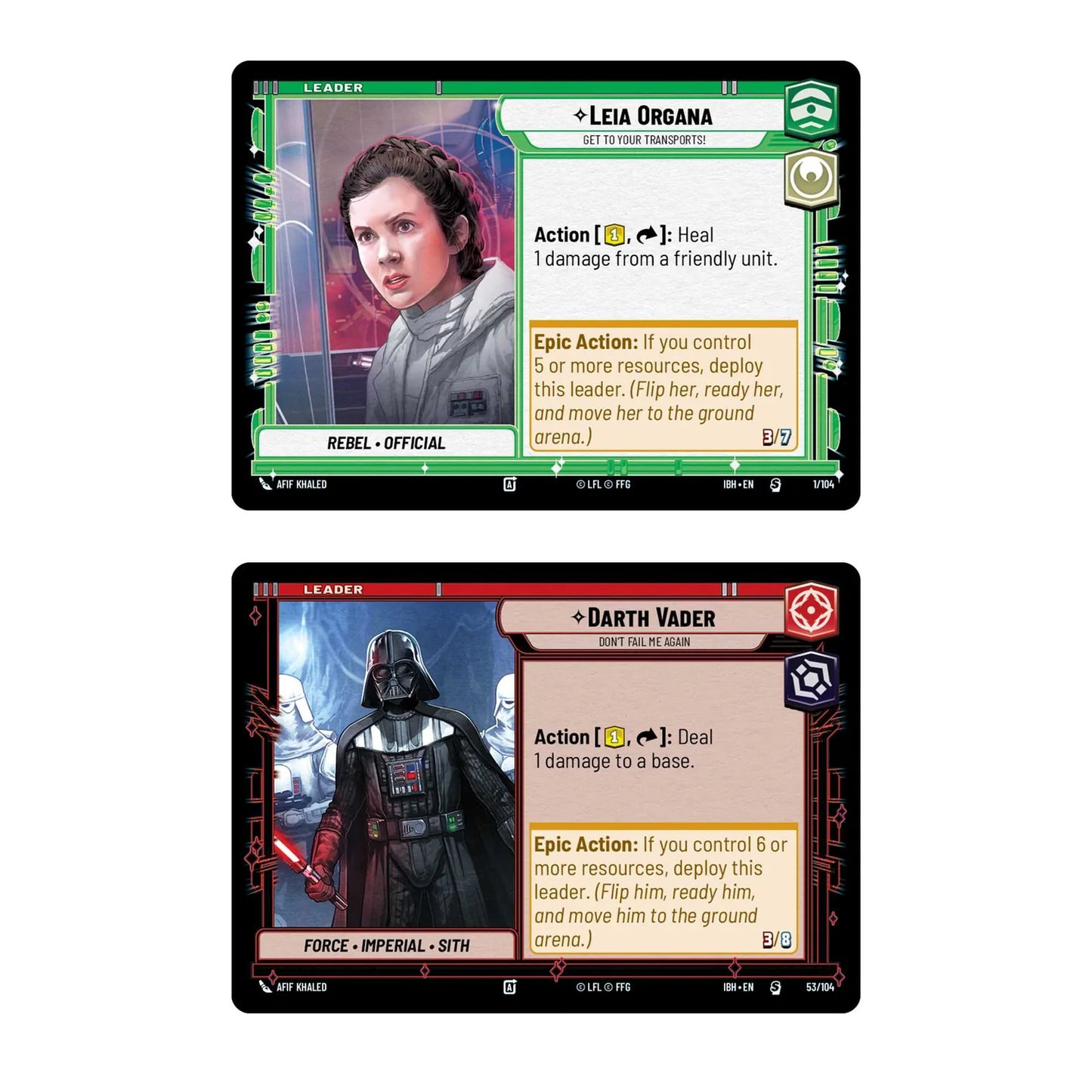 Two Star Wars trading cards featuring Leia Organa and Darth Vader on a white background.