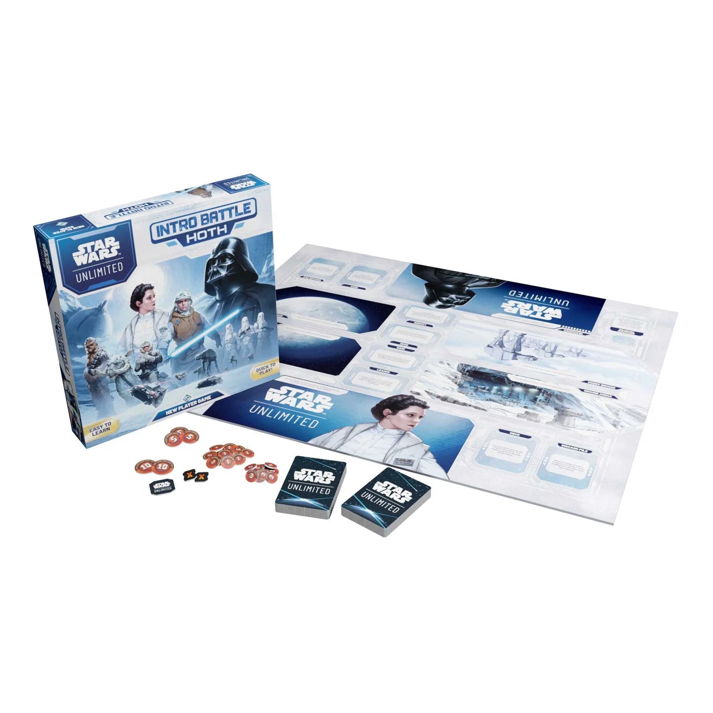 Star Wars themed board game set with packaging and components on a white background