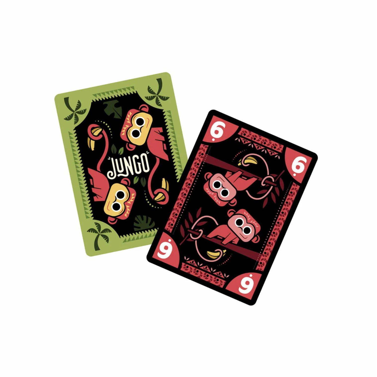 Two playing cards with colorful designs and 'Junglo' branding on a white background